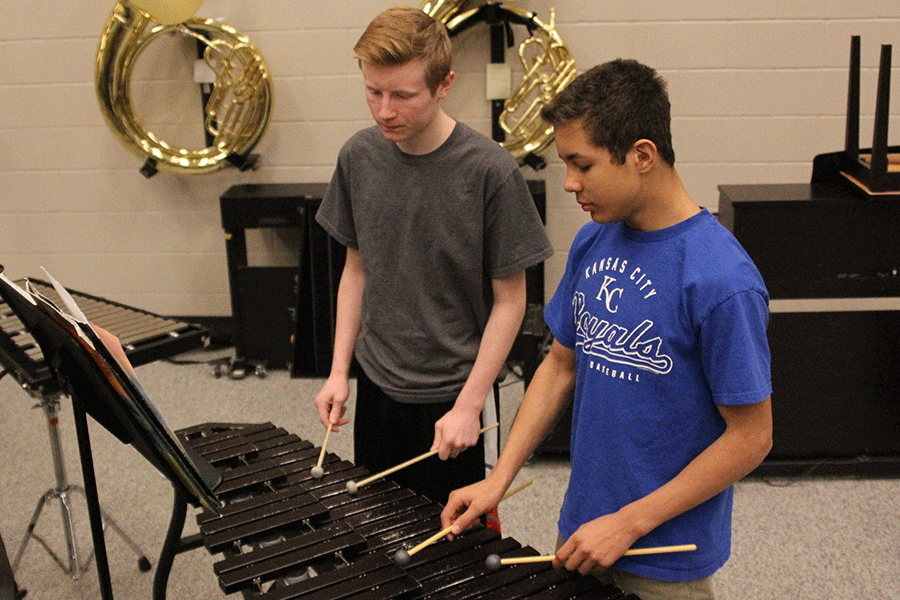 During Silver Band on Wednesday, March 4, freshman percussionists Ryan Ballard and Cameron Mitchell play the vibraphone. 