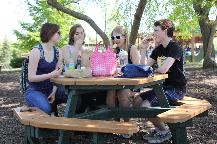 During their lunch break, juniors Audrey Linsey, Hannah Schrepfer, Riley Wagner and Allen Weinert talk about what their favorite animal was that they saw during the class cup trip to the Kansas City Zoo on Wednesday, April 28. 