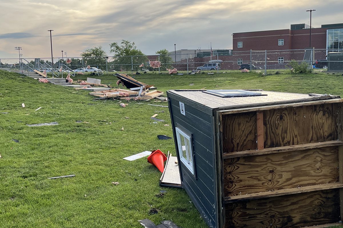 The football ticket booth ended up on the entrance to the soccer field about 20 feet behind it after the storm.