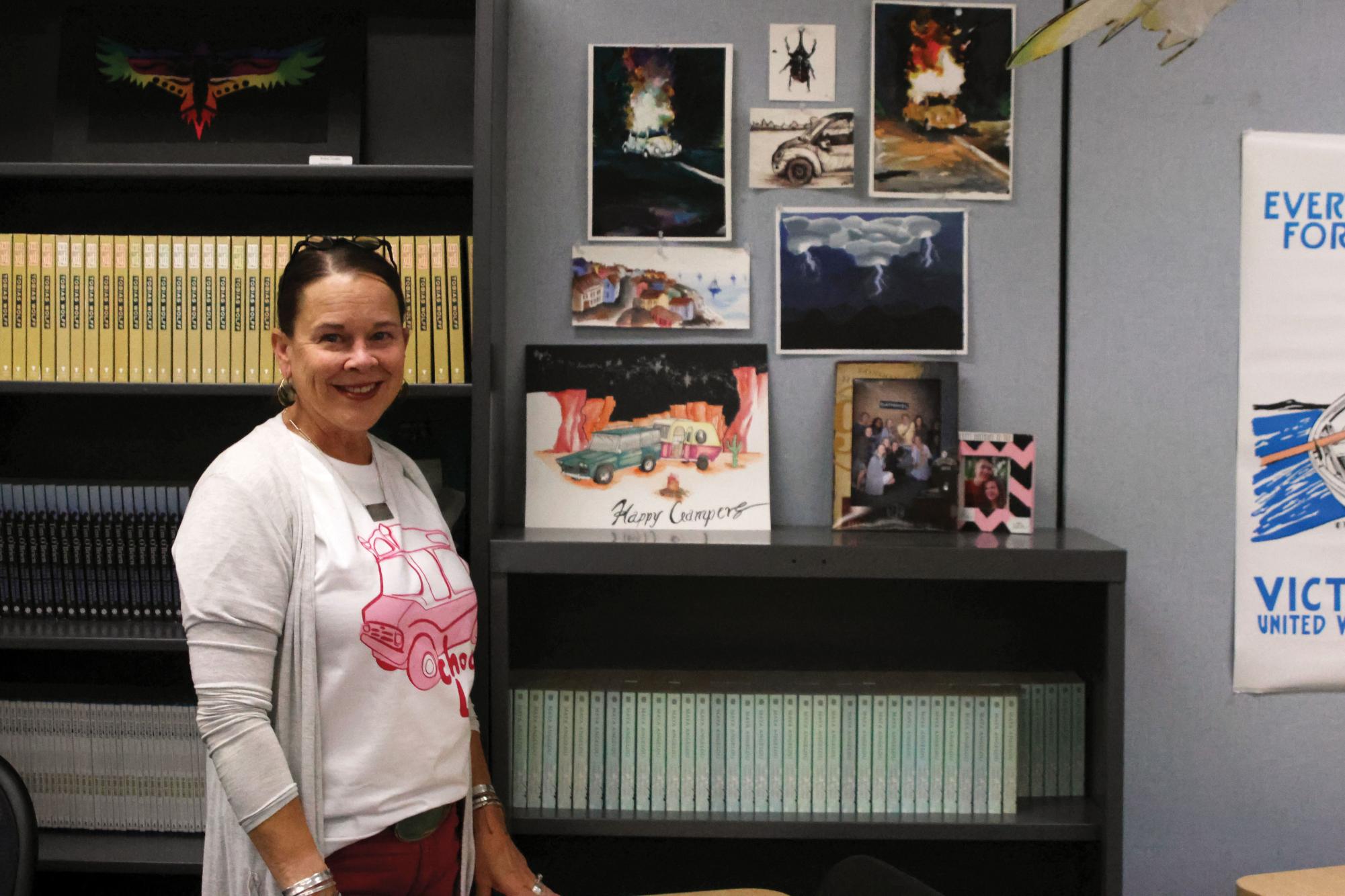 English teacher Kristen Huang displays student artwork throughout her room.