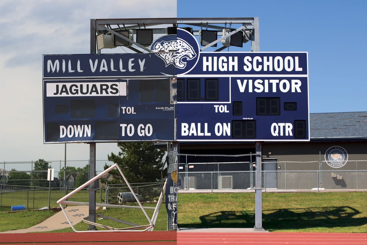 (left) The football scoreboard damaged after the tornado on Monday May 20. (Right) Football scoreboard after repairs finished on Thursday September 5. 