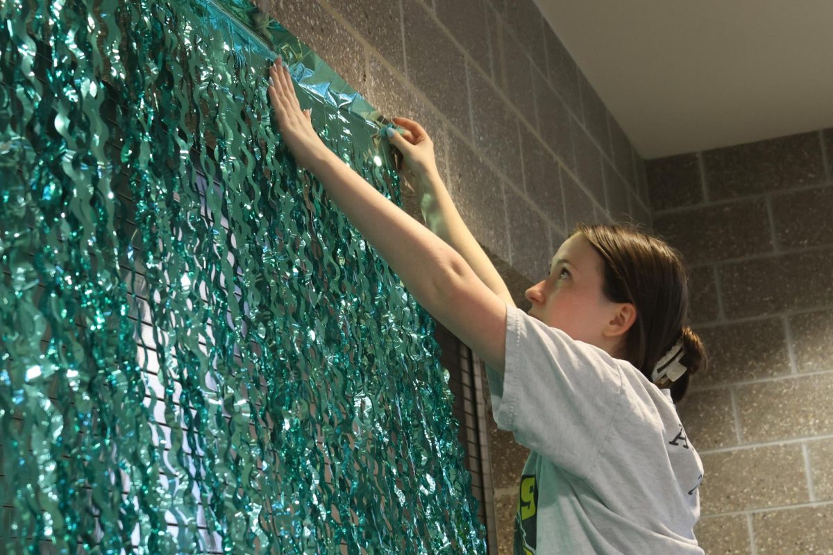 Eyes focused, senior Reese Miller hangs streamers up above the concession stand.