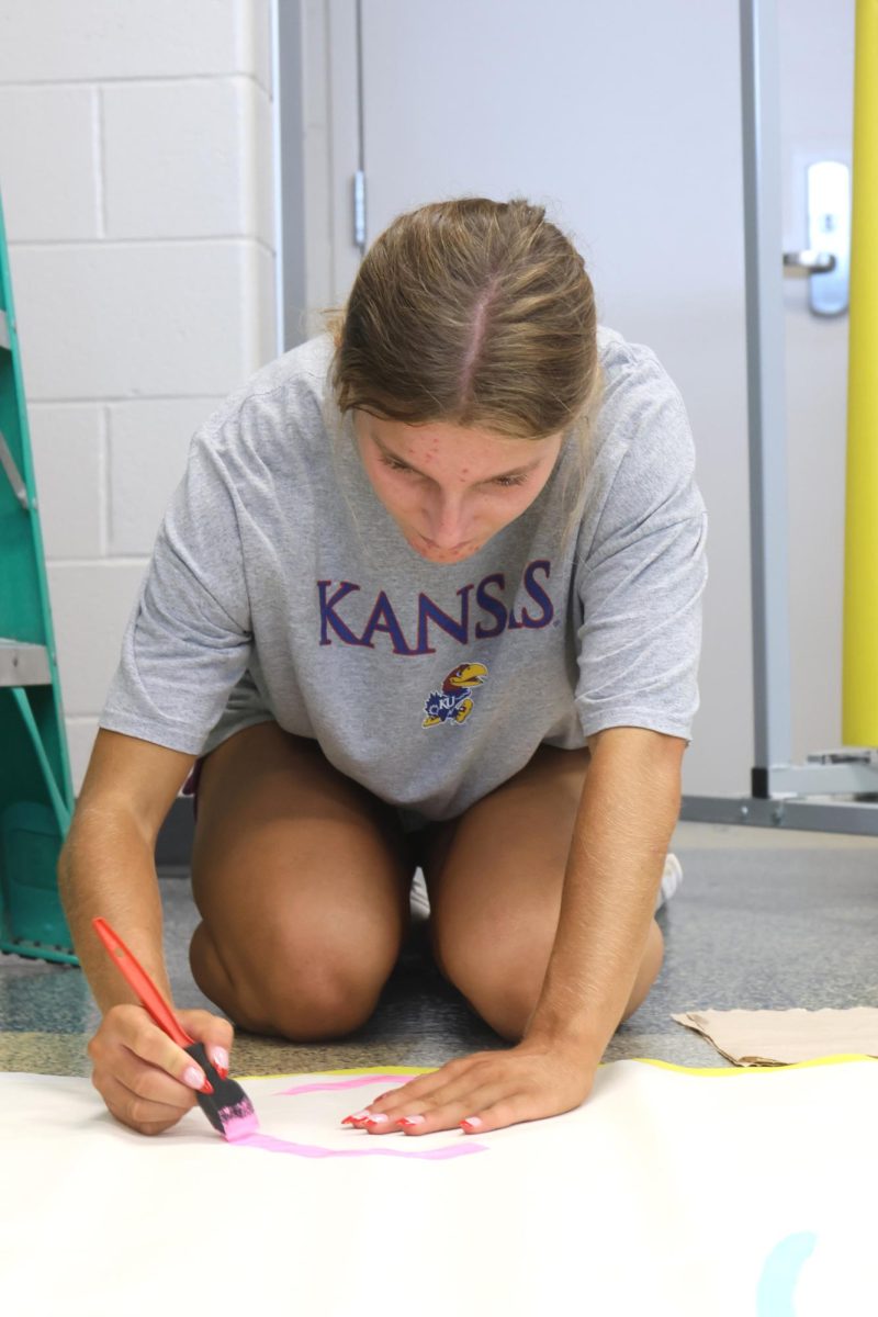 Senior Kate Martin paints a banner to hang up for the HOCO dance.