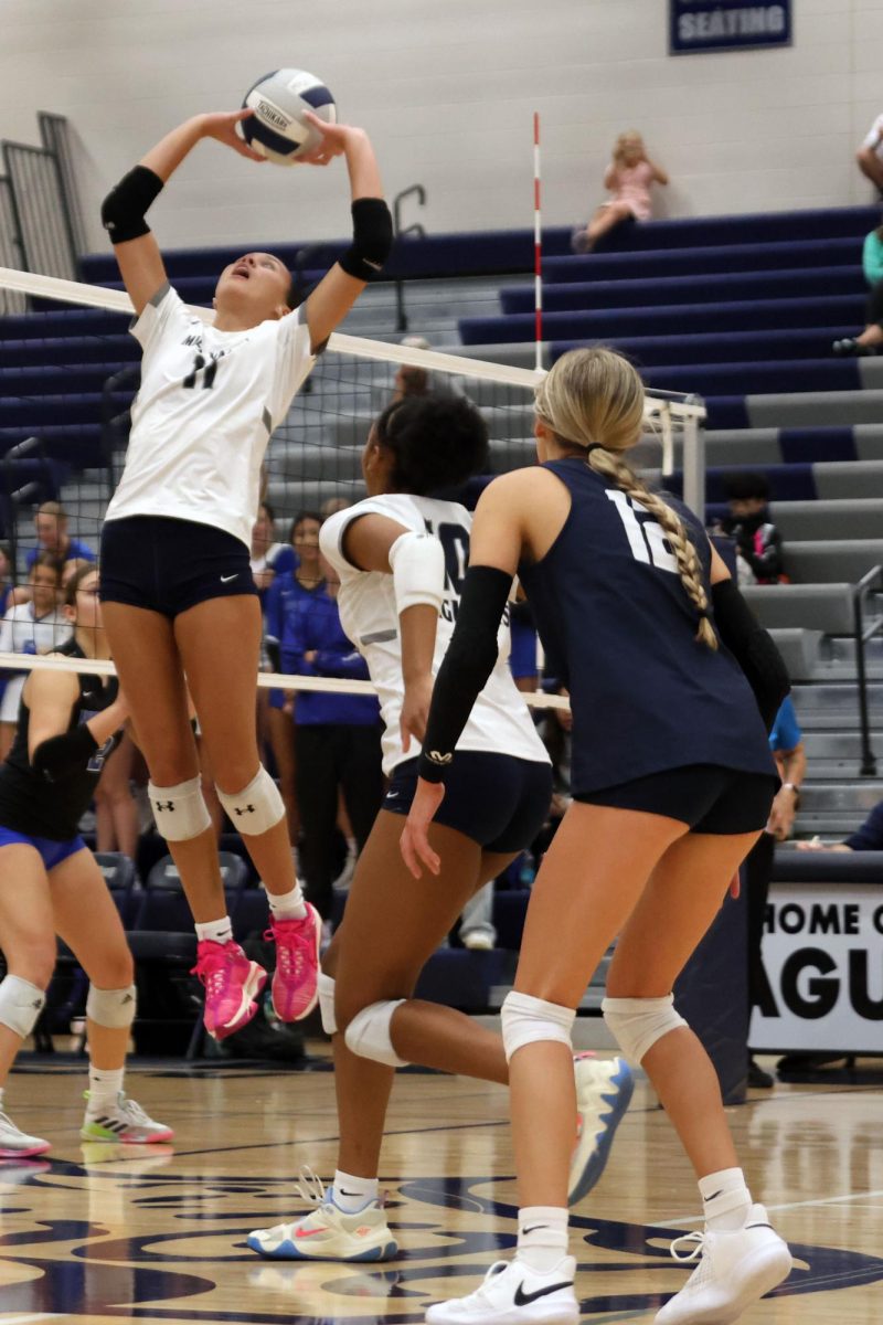 Junior Ella Florez jumps to set the ball.