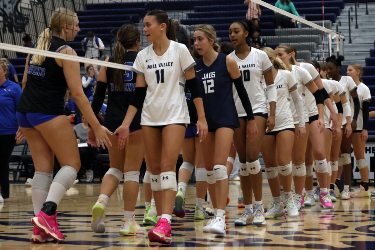 Team high fives the opposing team after the game.