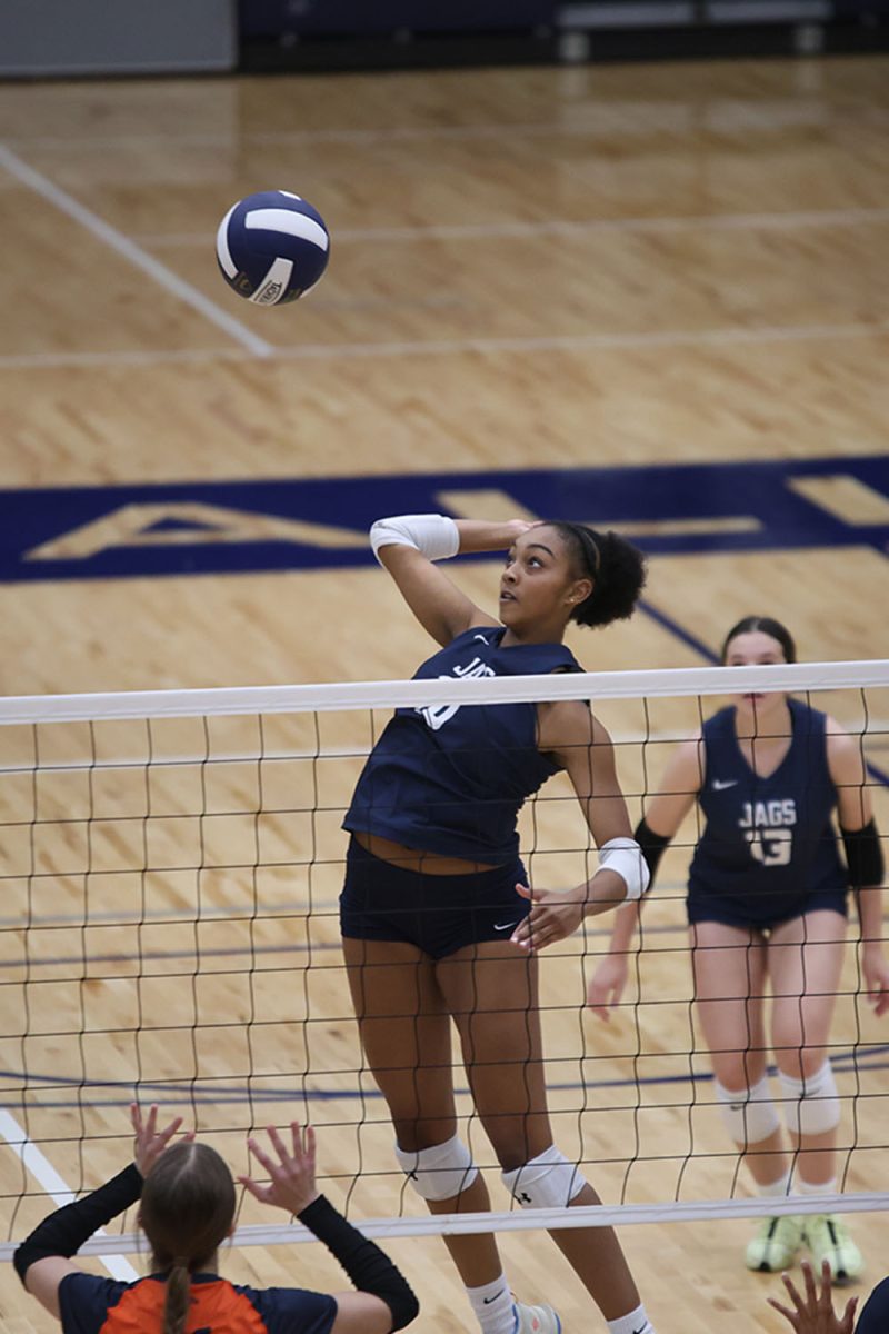 Junior Leilah Perry jumps to hit the ball over the net Wednesday, Oct. 2.