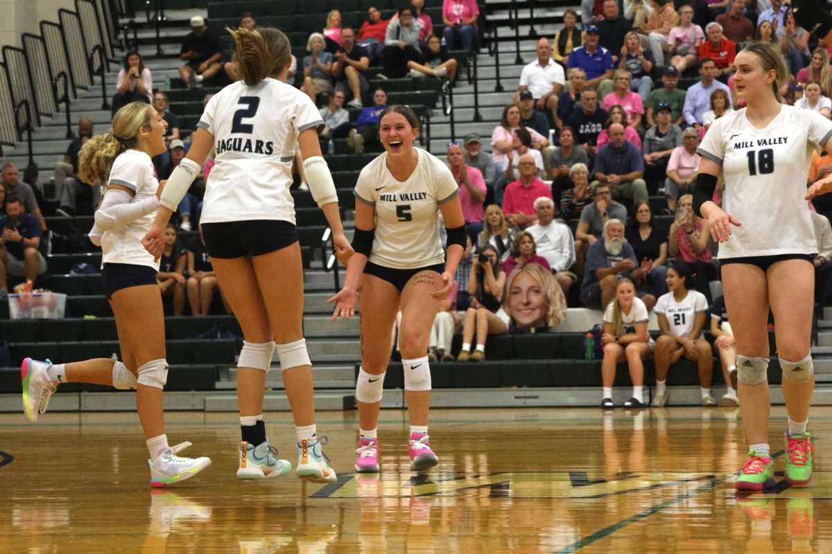 While her teammates celebrate around her, senior Saida Jacobs smiles after making a big play.