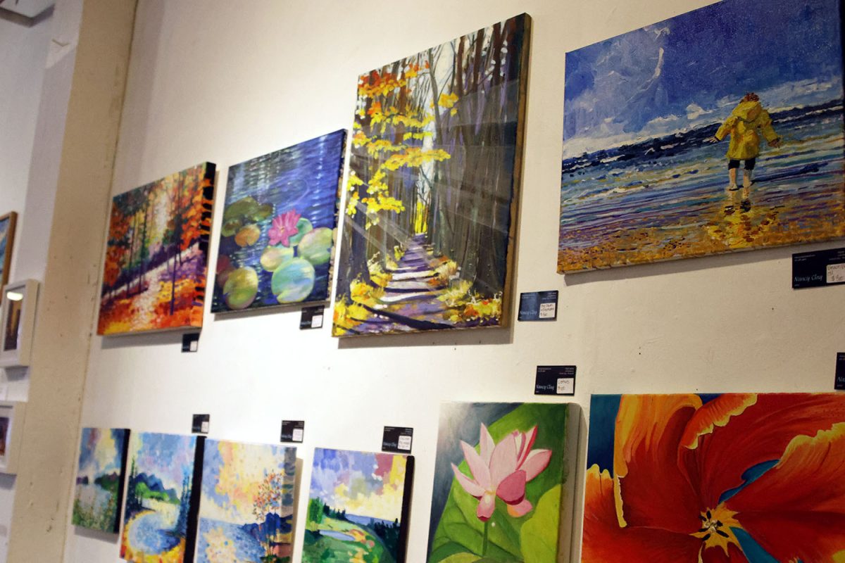 Art by Nancy Clay hangs on the walls of one of the art studios at The Leedy-Voulkos Art Center on Friday, Oct. 1