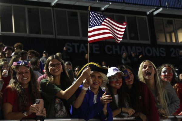 Seniors Brynn McGillicuddy, Emmie Chezem, Logan Miller, Emmy Gashler, Lily Friedman, Addison Long, and Arye Meyer show up to Mill Valley’s last regular season game decked out in patriotic spirit wear for USA Military Night.