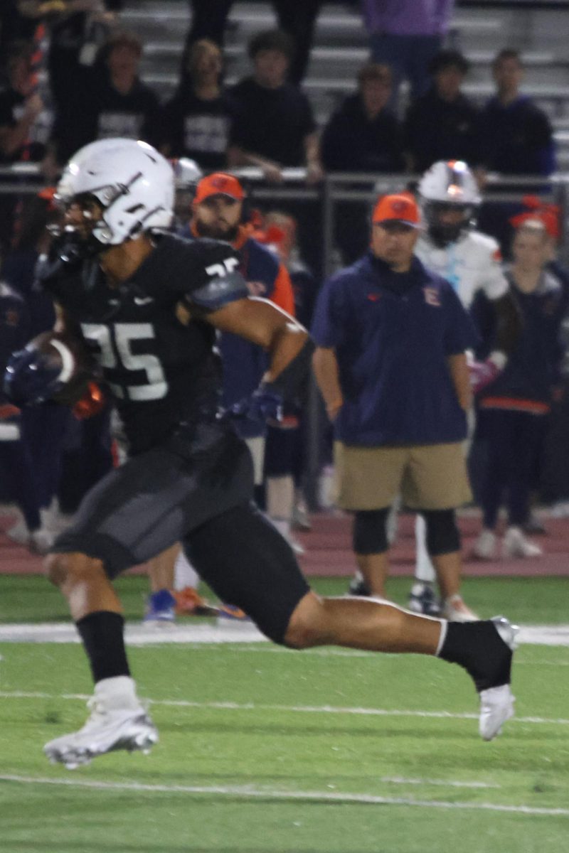 Junior Reggie Reece nears the end zone ball in-hand.