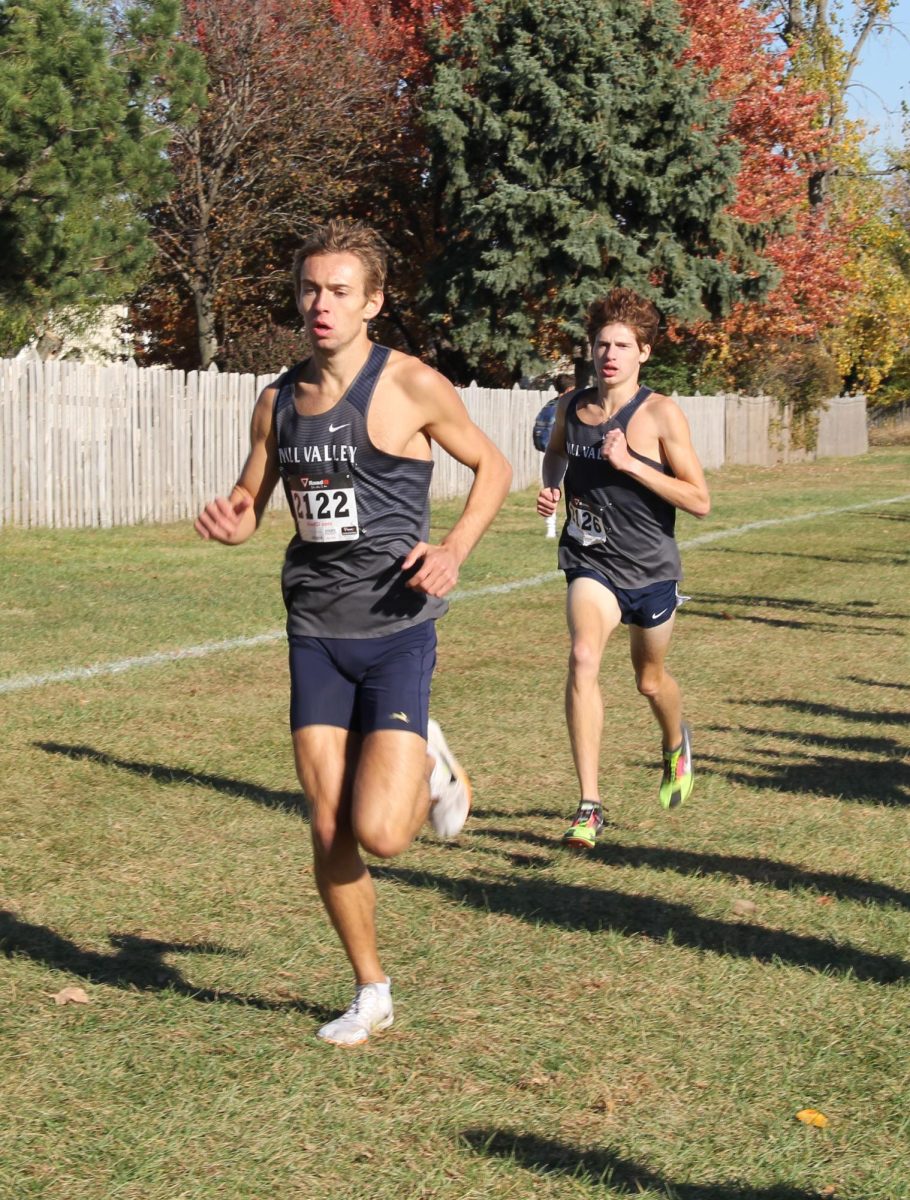 Leading the race, senior Carter Cline followed by senior Dalamar Read compete.
