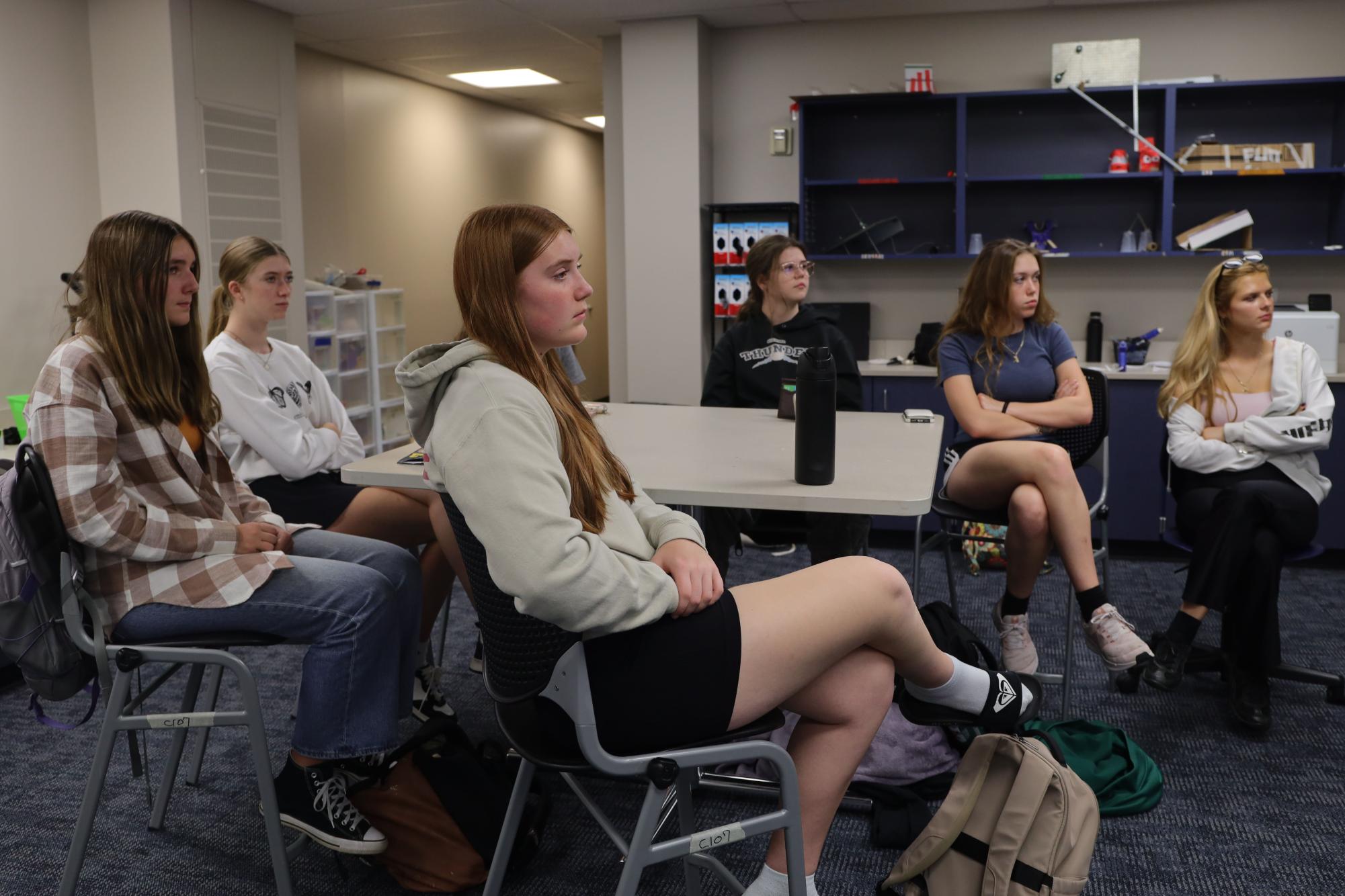 Looking at the front of the classroom, sophomore Alexa Lamoureux listens to the NASA engineer guest speaker. 
