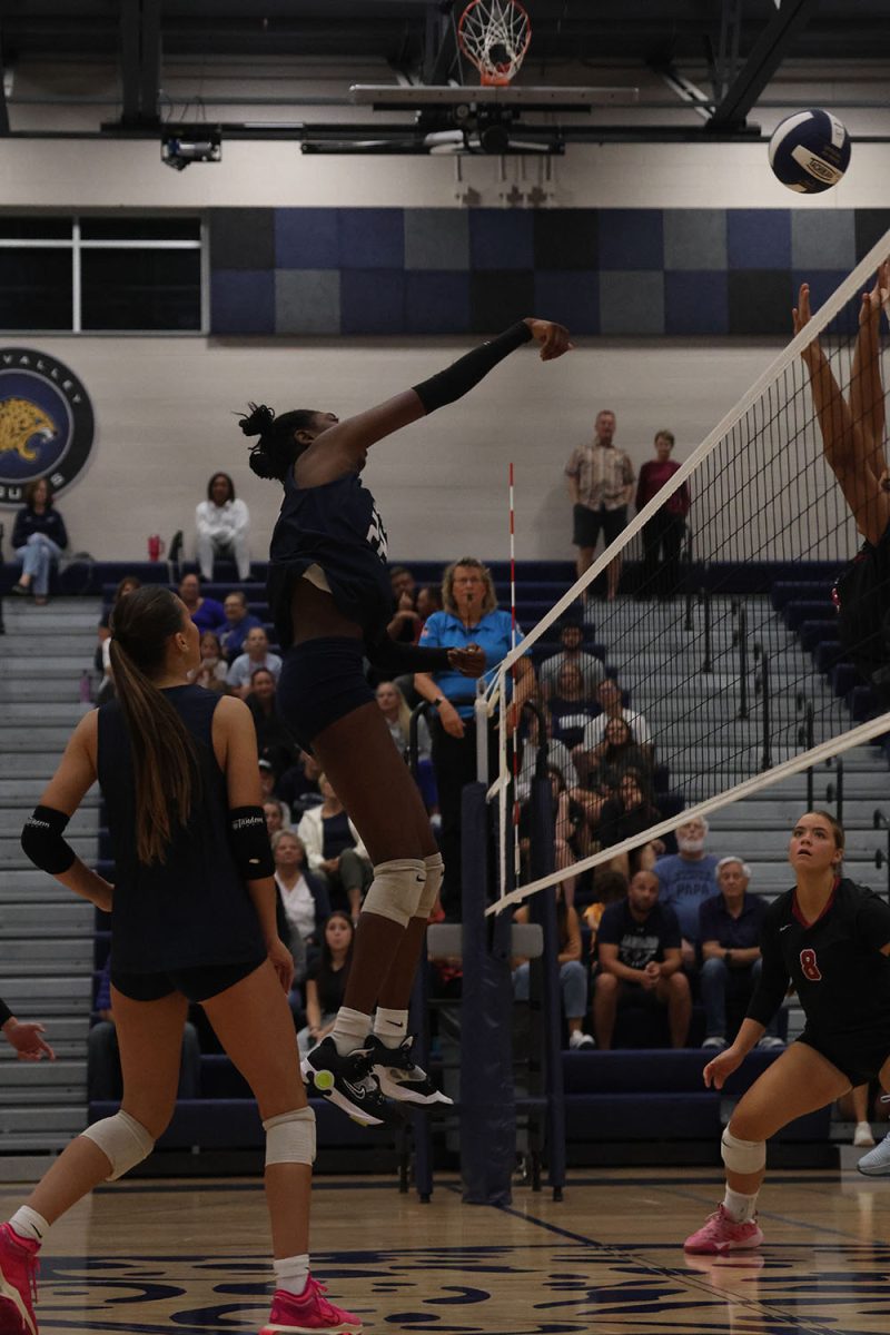 Jumping in the air, junior Olivia Nzioki hits the ball over the net.