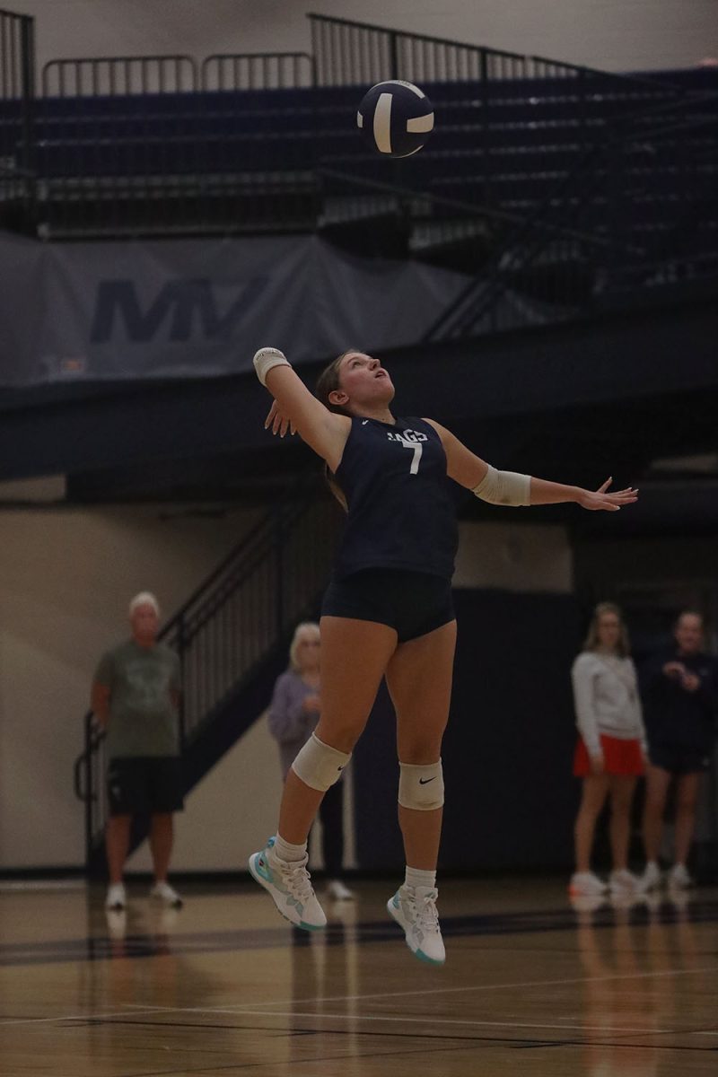 Jumping into the air, senior Brynn McGillicuddy serves the ball to the other side Wednesday, Oct. 2.

