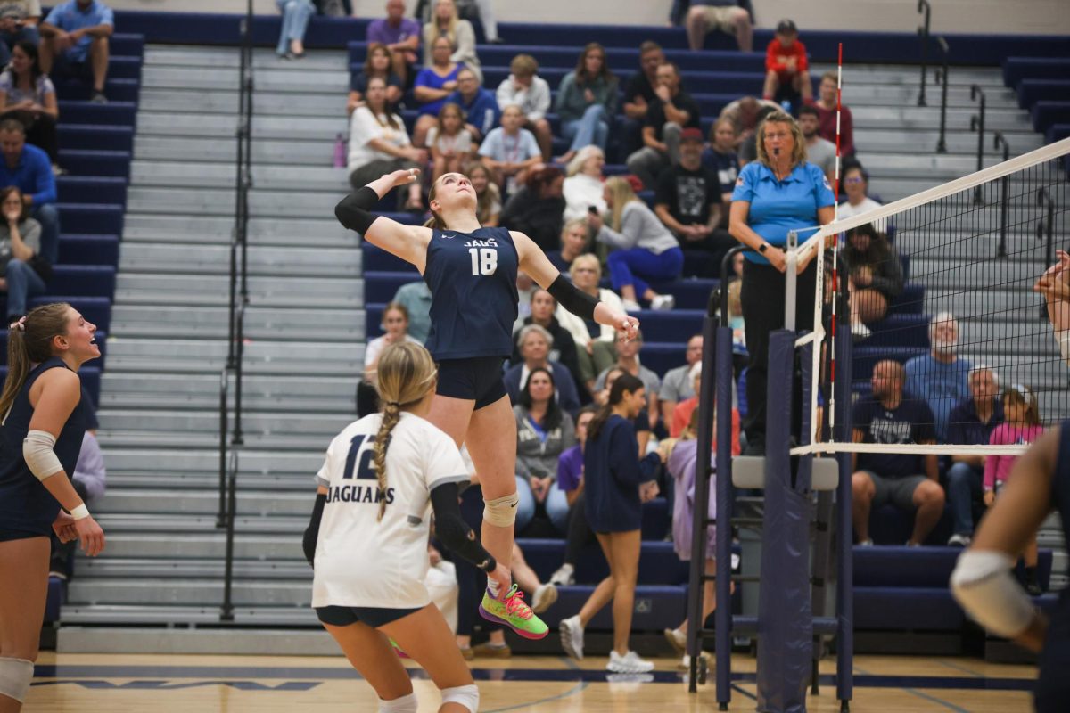 Sophomore Riley Riggs jumps and swings at the ball. 