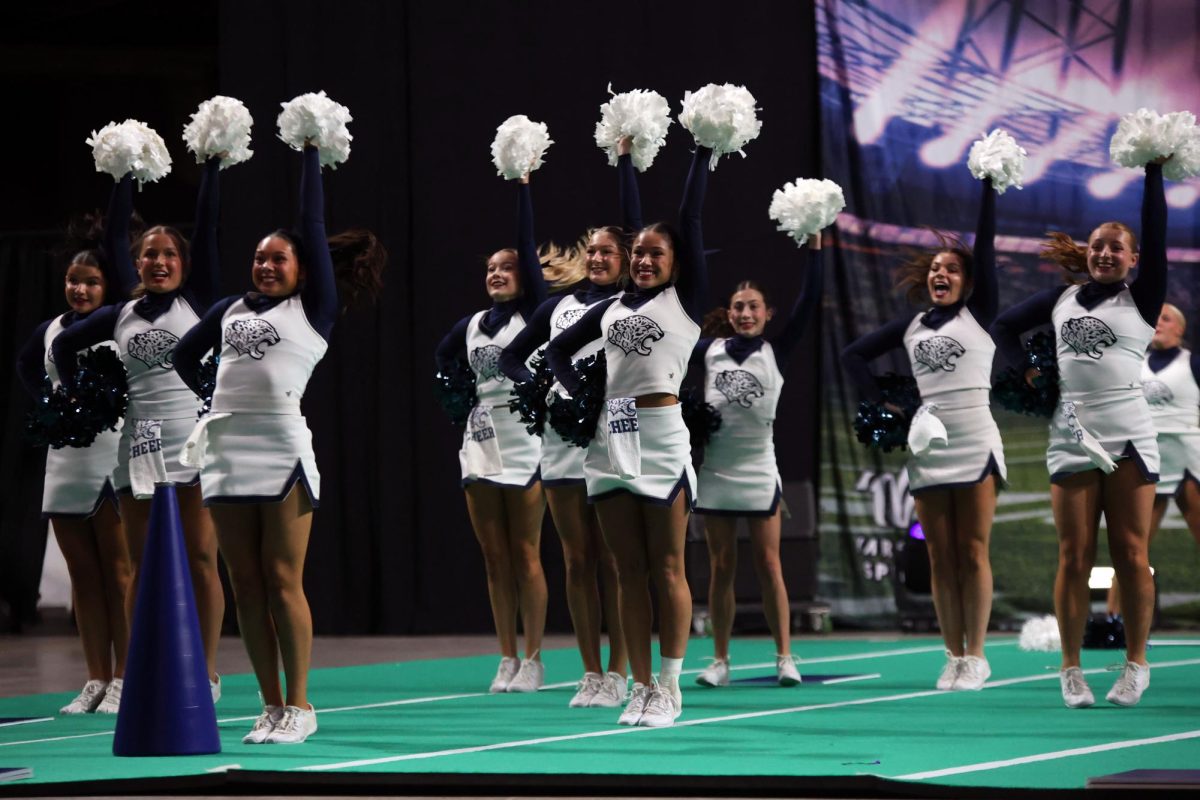 In unison, the cheer team raises their poms high during the fight song.