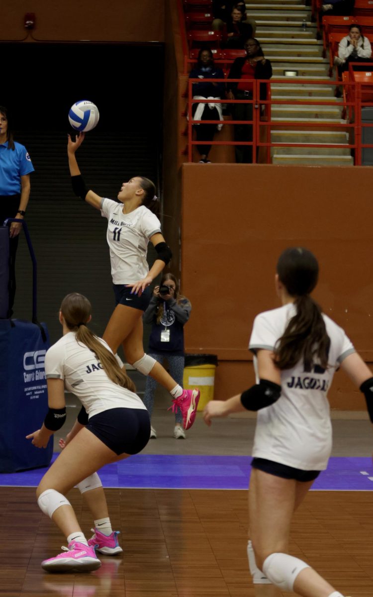 Junior Ella Florez dumps the ball over the net against Olathe West.