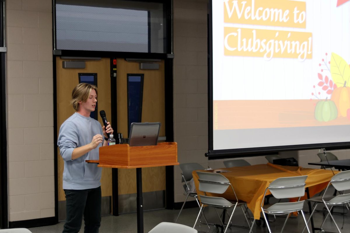 Speaking on behalf of Mill Valley’s StuCo, senior Clayton Sondgeroth takes attendance for the various clubs attending Clubsgiving.