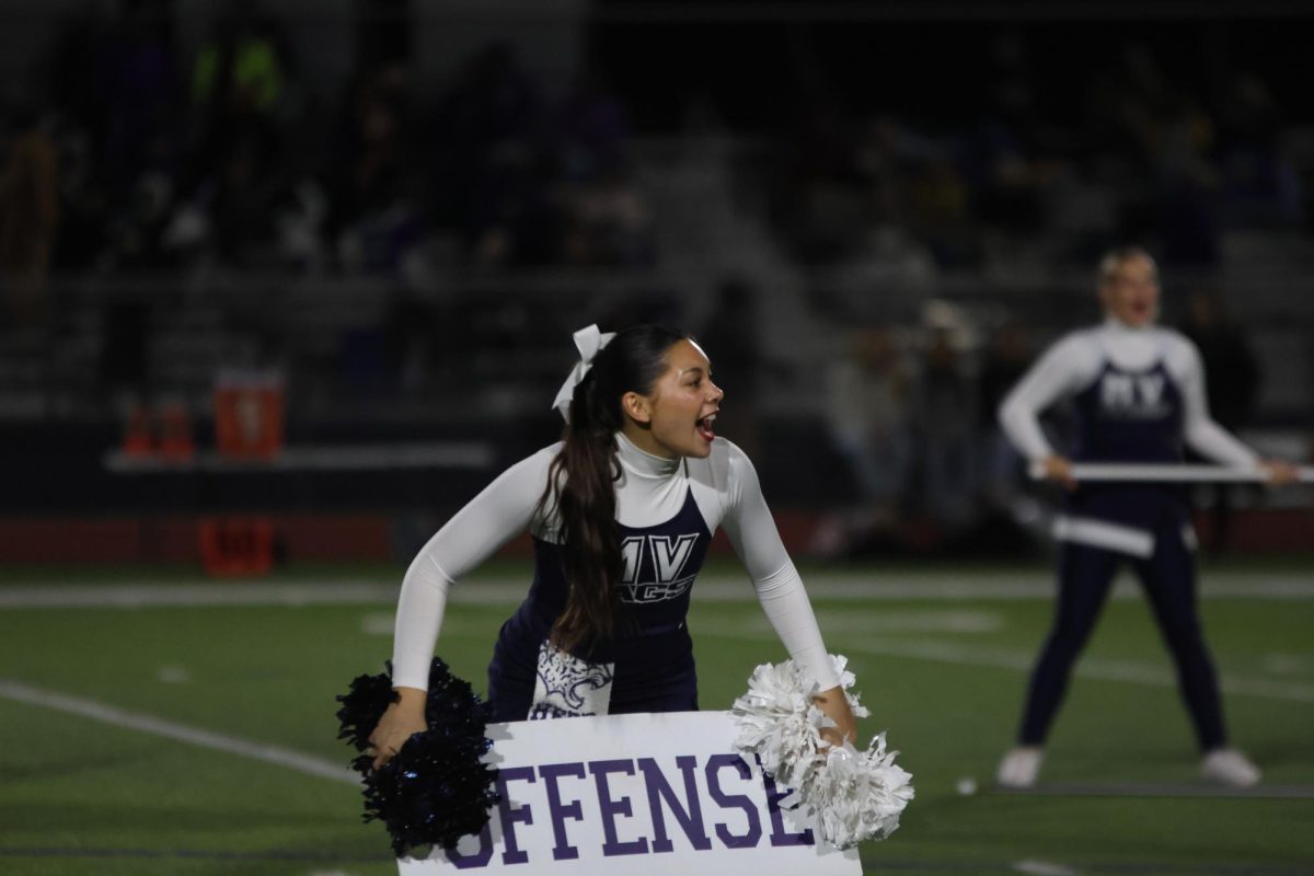 Junior Stella Beins uses the cheer squads posters to get the crowd rowdy.  