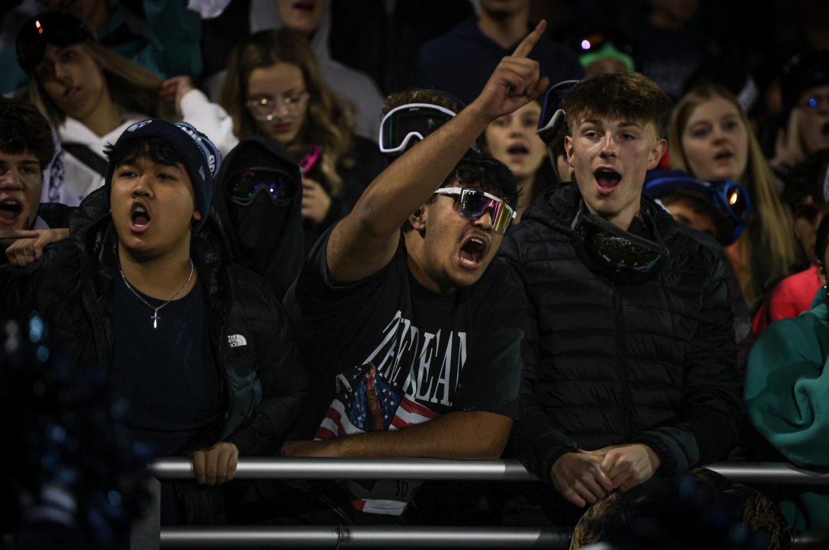 Yelling after a big play, senior Jasroop Sarai points towards the field cheering on the jags.