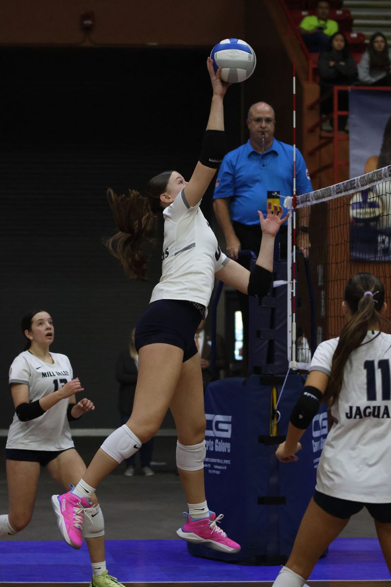 Jumping in the air, senior Saida Jacobs taps the ball over the net to win a point against Garden City.