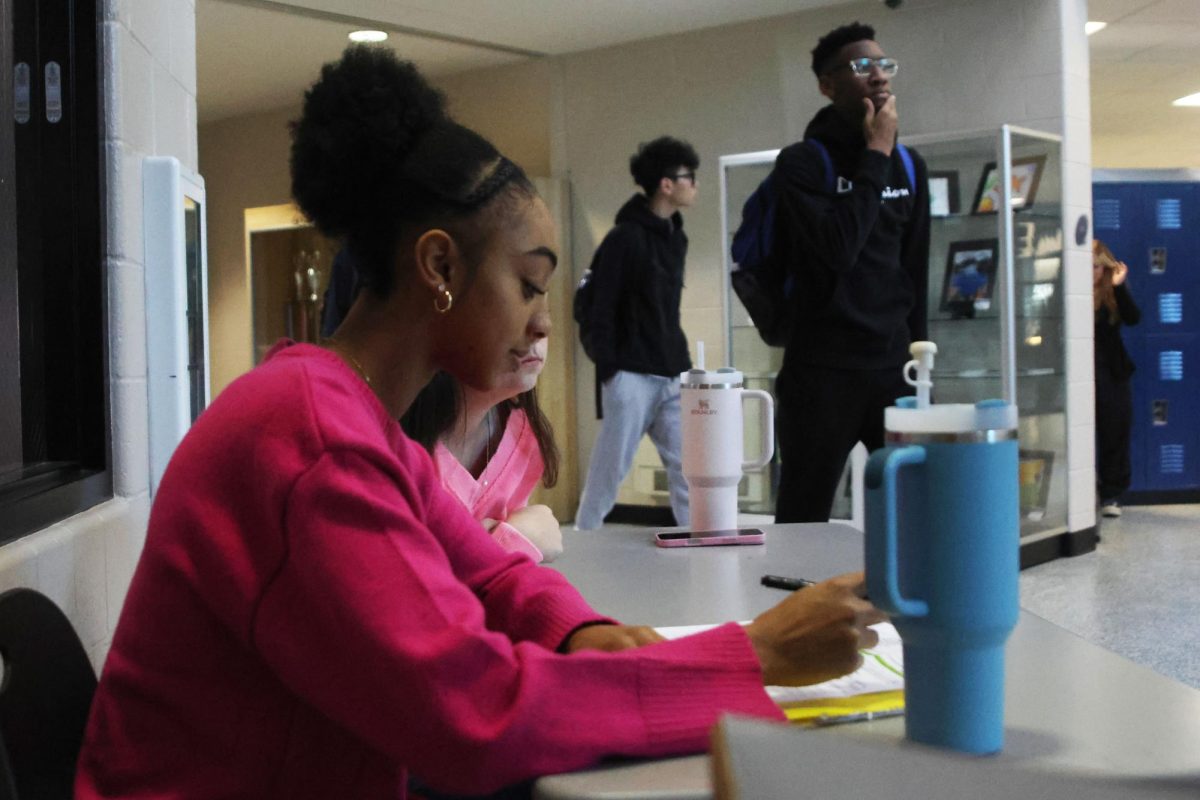 Junior Leilah Perry keeps track of donations at the donation table for the Great Plains SPCA supplies drive. 