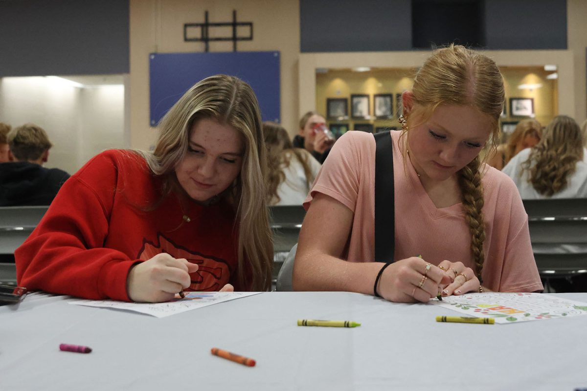 Side by side, juniors Elaina Weese and Emma Carbajo color together.
