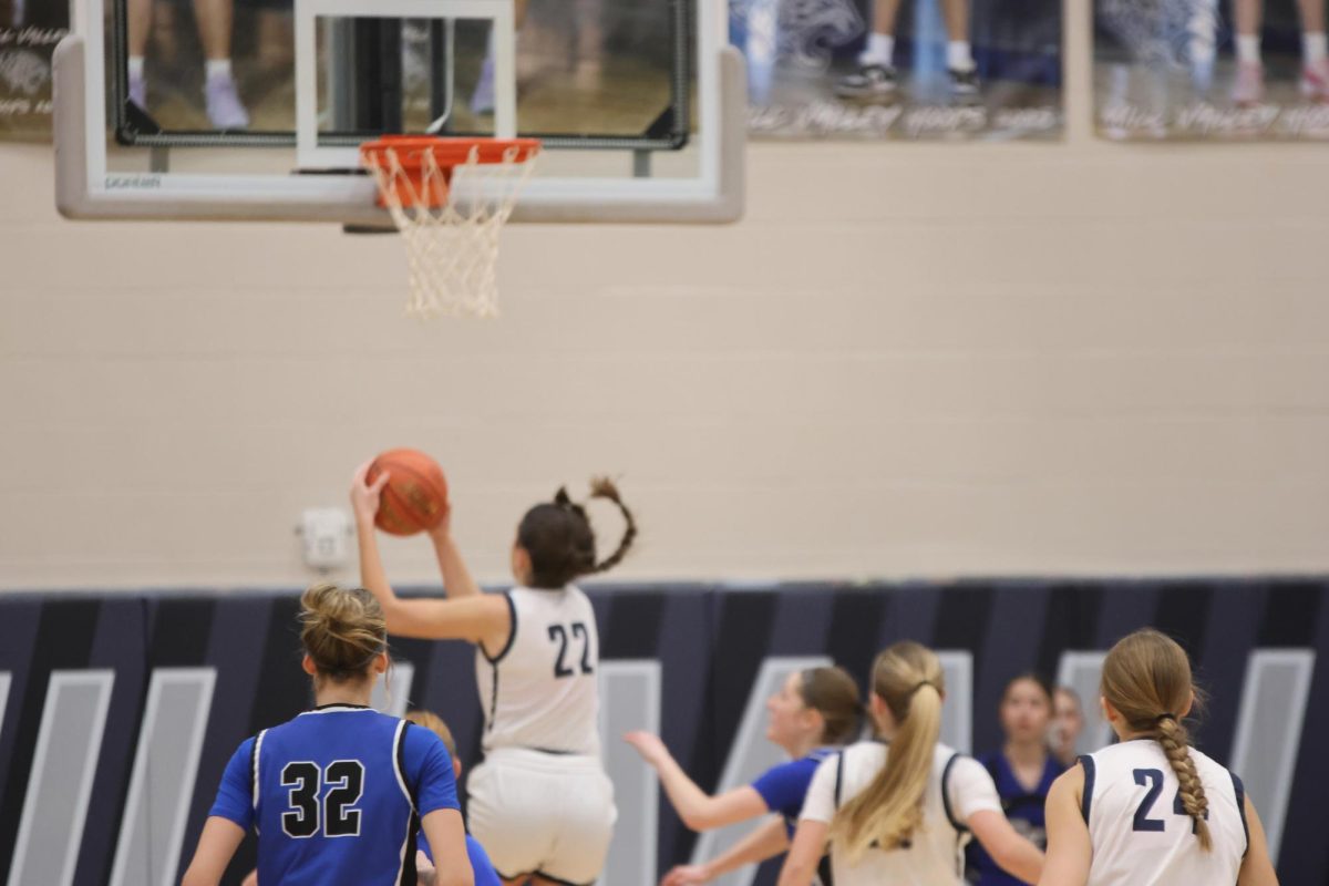 Junior Paige Roth jumps up to the basket. 