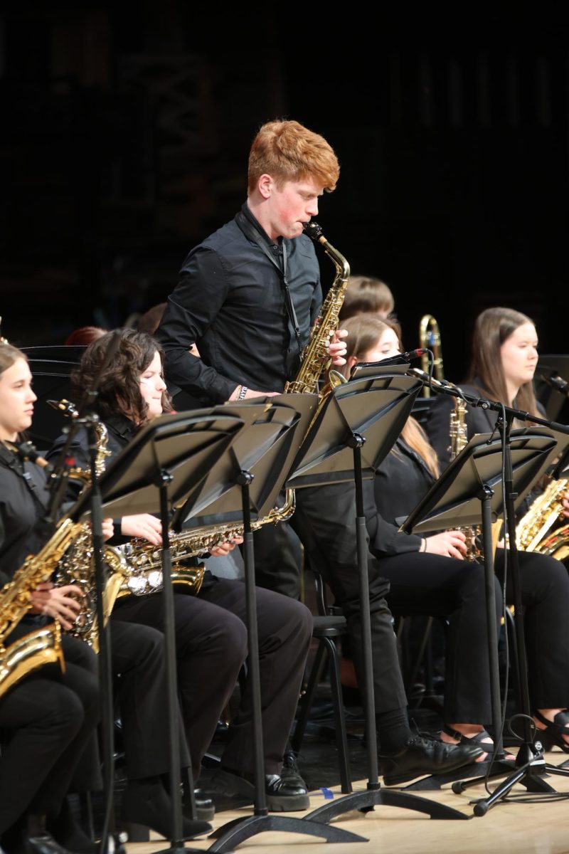 During “Now’s the Time,” senior Brayden Evans performs a solo.