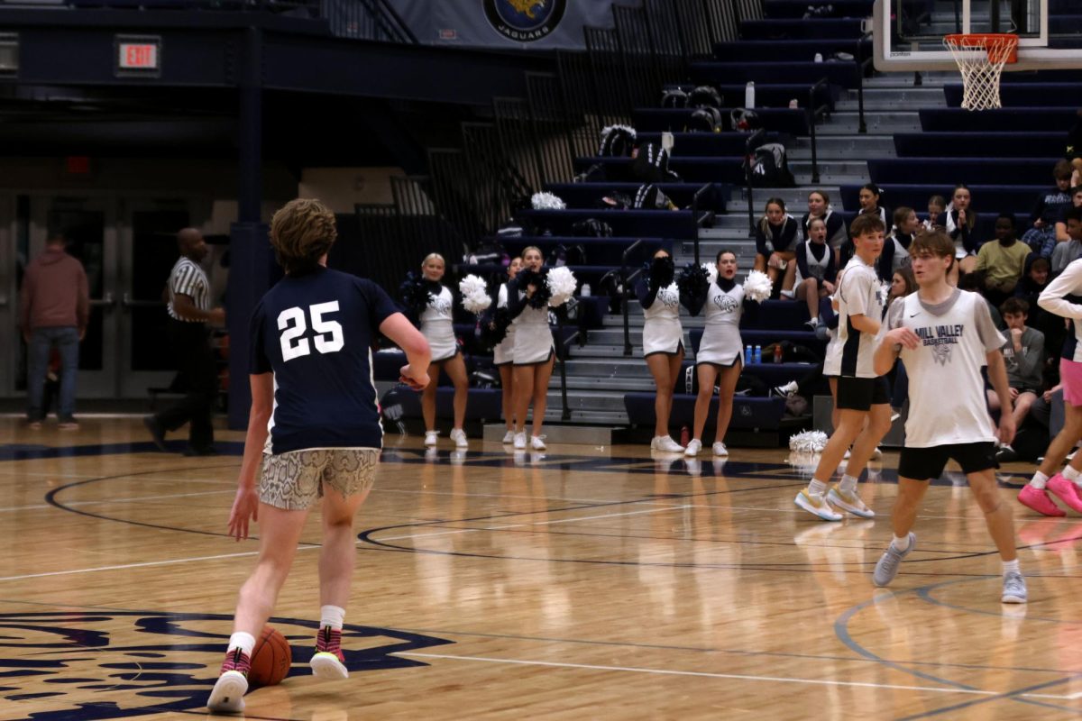 Senior Carter Kaifes dribbles the ball up the court in search of a pass in a scrimmage Friday, Dec. 6th