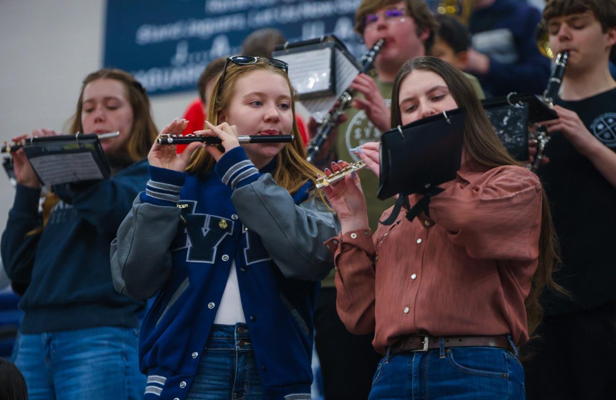 Performing in rhythm, juniors Taylor Goodwin and Lydia Barngrover play their instruments to entertain the crowd. 
