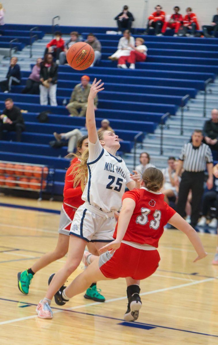 Throwing the ball, sophomore Riley Marshall aims towards the net for a point.
