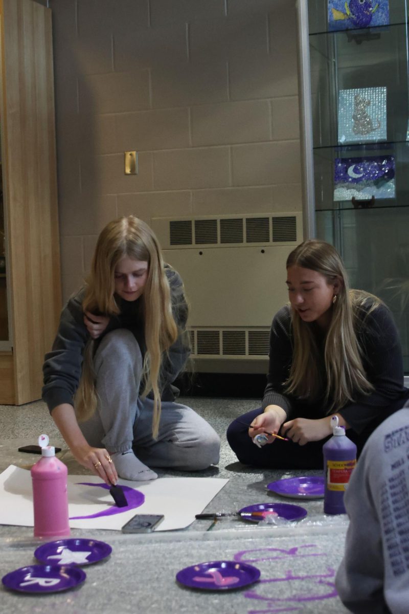 Juniors Abby Musil and Kate Dresvyannikov talk as they paint on a moon to a Relay for Life poster during the set up of Purple Bomb on Jan 20. 