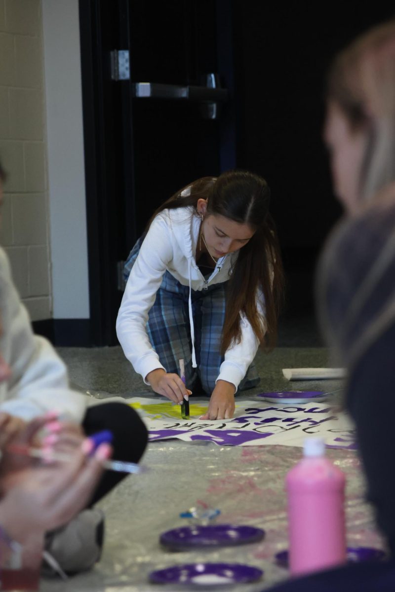 Senior Talia Delperdang paints on superhero themed posters for the Relay for Life Purple Bomb event on January 20. 