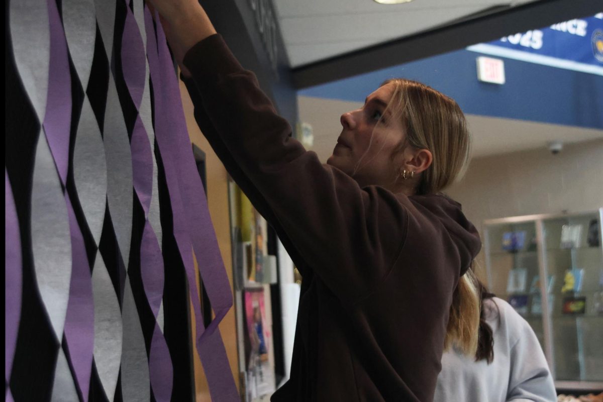 Junior Mackenzie Clifton works in hanging decorative streamers as Relay for Life set up Purple Bomb on January 20.  