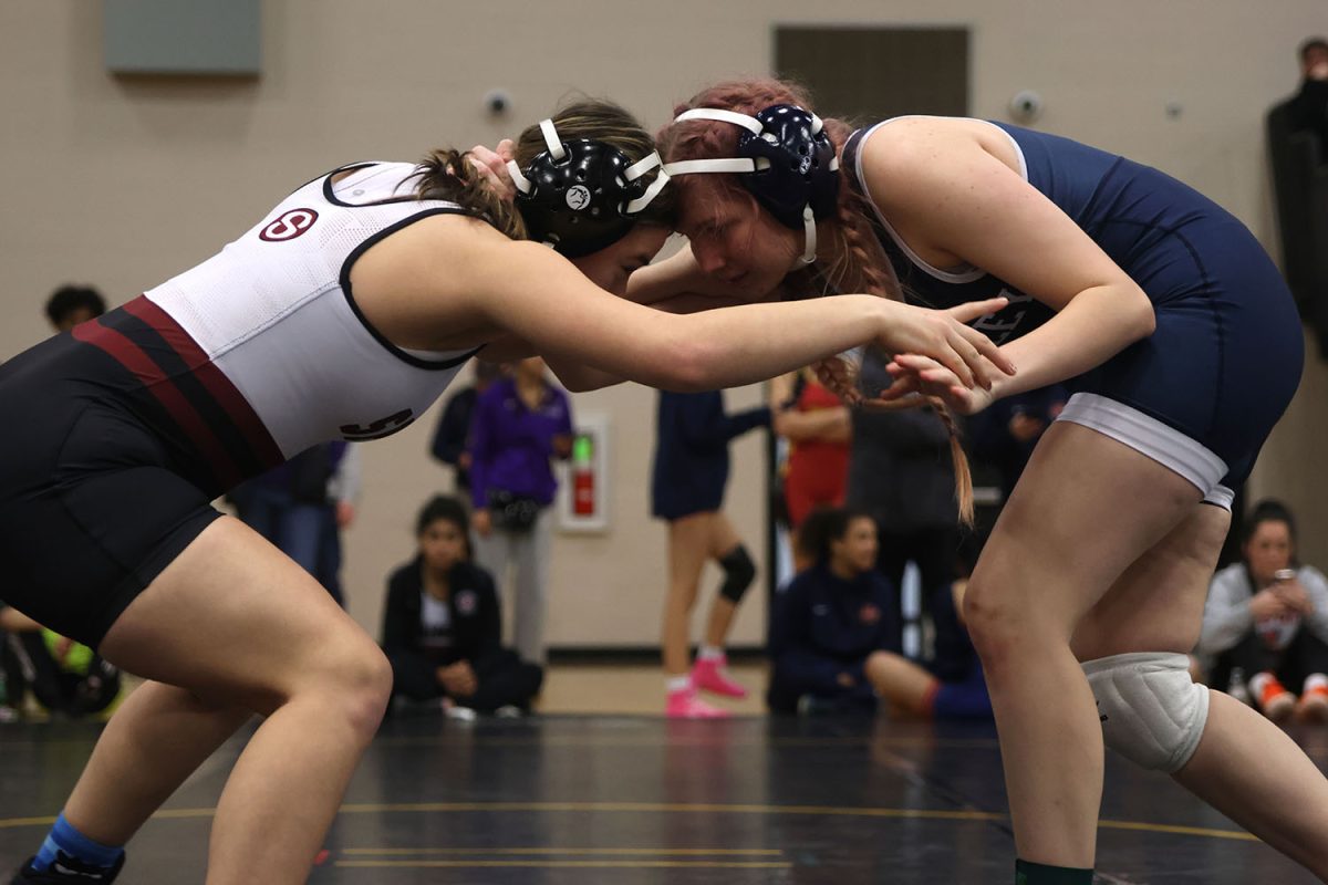 Budding heads, junior Jocelyn Paulsen stares down her opponent. 