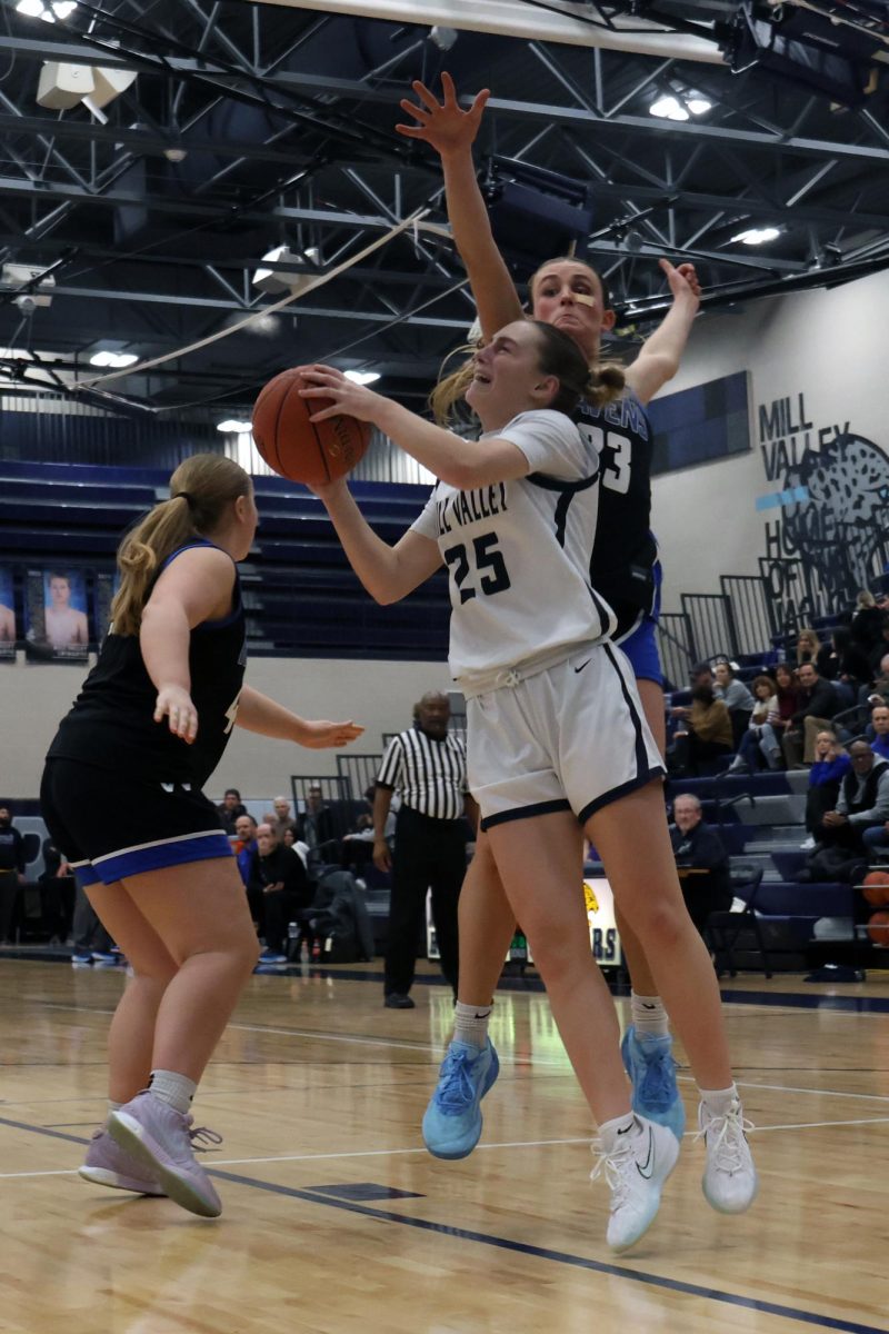 With a hand in her face, sophomore Riley Marshall goes up for a shot.