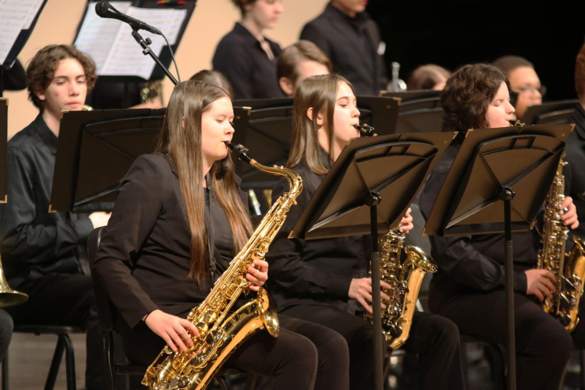 Junior Jamie Boggs plays along to the song being performed by the jazz band